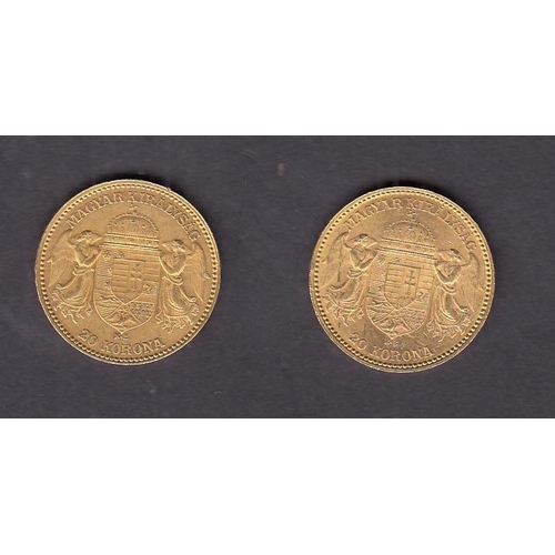 24 - Hungary 1900 gold 20 Korona coin x2, in good condition