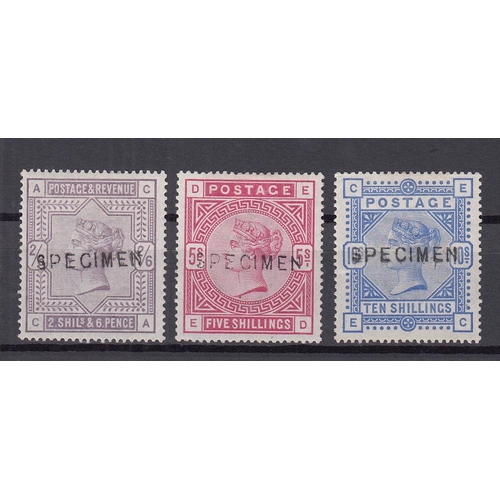 562 - 1883 2/6d lilac, 5/- rose and 10/- ultramarine mint, each a fresh example ovpt Specimen, Cat £1400.