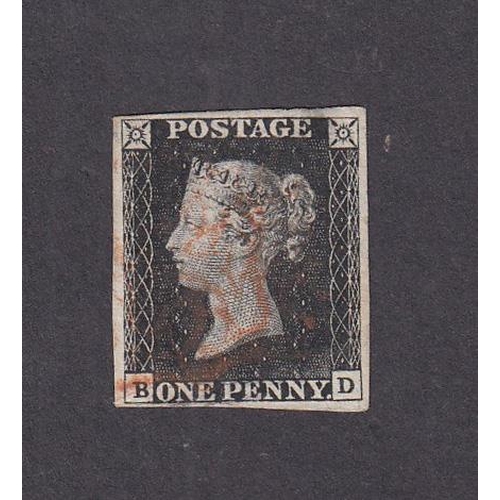 565 - 1840 1d black pl 1b ‘BD’ with 4 margins and red MX