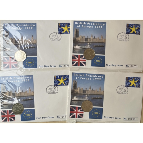 148 - UK 1992 British Presidency of Europe 50p x4 encapsulated in FDCs, in good condition.