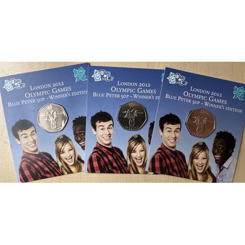 37 - UK London 2012 Olympic Games Blue Peter 50p x3 Winner’s Edition flat packs in good condition