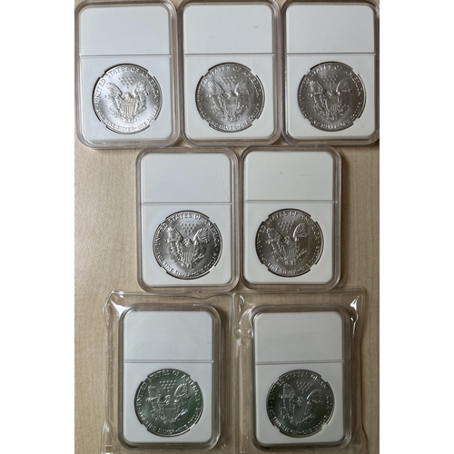 107 - A group of x7 American Silver Eagle Dollars from 2002 to 2020, in good condition.