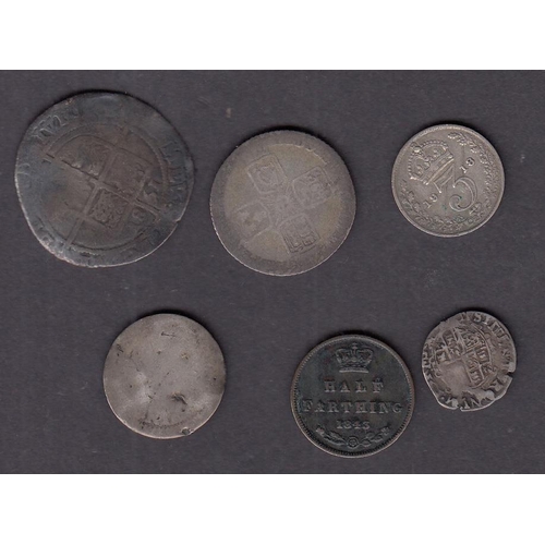 134 - A group of x6 UK coins in poor to good condition, including 1581 6d and 1843 ½ Farthing.