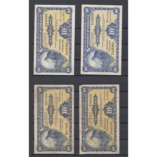 84 - A group of Gibraltar x4 10/- banknotes from 1954 to 1965 and x5 £1 banknotes from 1971 & 1975, circu... 