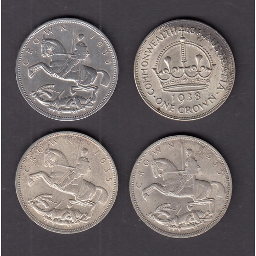 130 - A group of x4 coins, including x3 UK 1935 Rocking Horse silver Crowns and Australia 1938 silver Crow... 