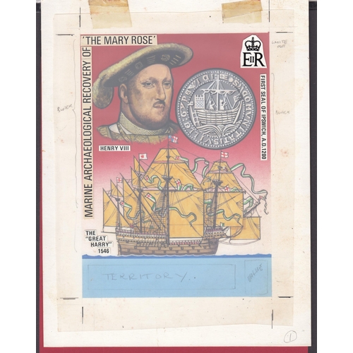 451 - Hand painted essays for an unadopted Mary Rose issue from the studio of stamp designer Victor Whitel... 