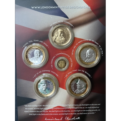 60 - Gibraltar 2015 Winston Churchill set, comprises x1 £10 (24 Carat) gold coin, plus x5 silver plated c... 