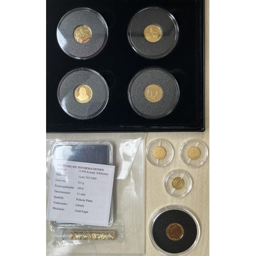 64 - A group of x9 small gold coins, including 9 Carat and 14 Carat plus small tube of rolled gold