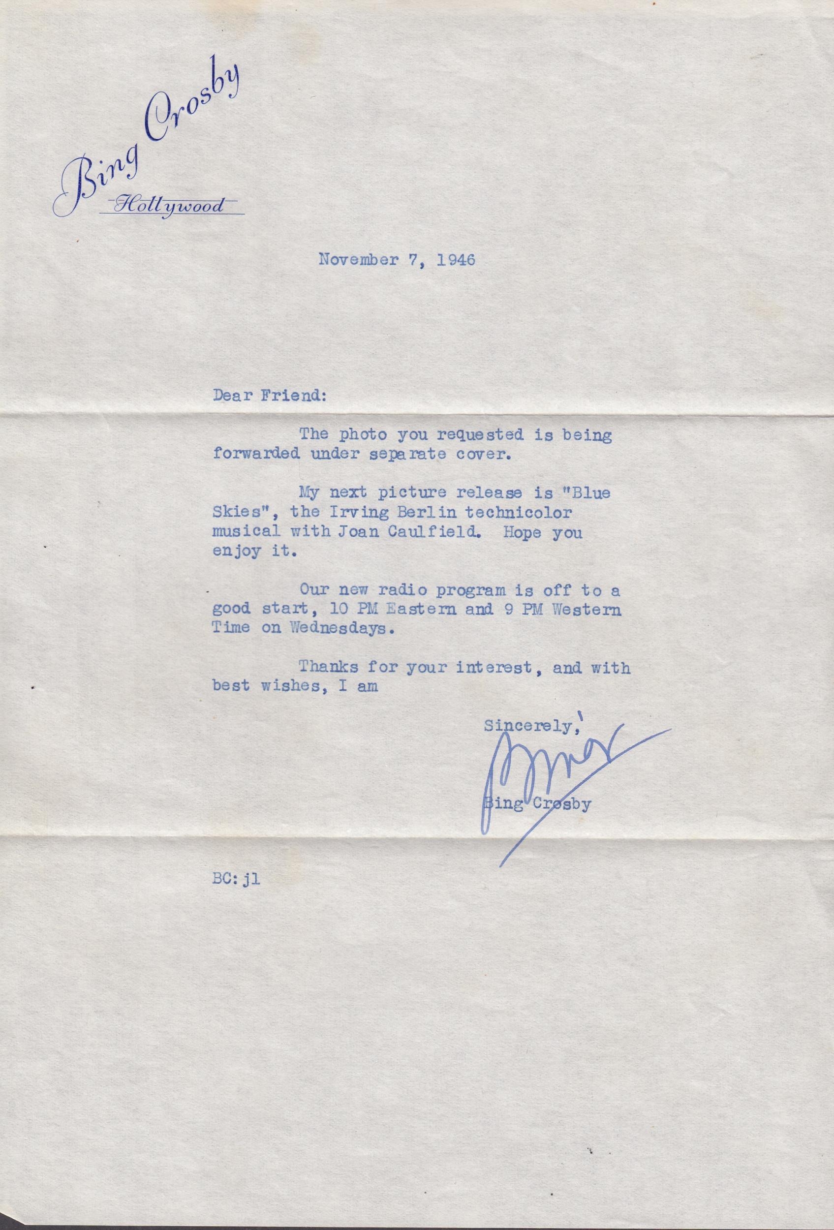 A typed and signed letter from Bing Crosby, dated November 7, 1946 ...