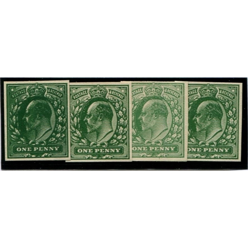 545 - 1d SG219 imperf plate proofs in four different shades of green, all four margins, Cat £320