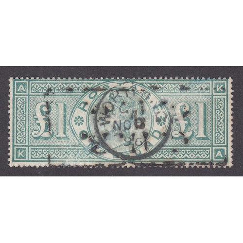 538 - 1887 £1 green used with part cds and boxed Telegraph cancel, light crease and small surface scuff (w... 