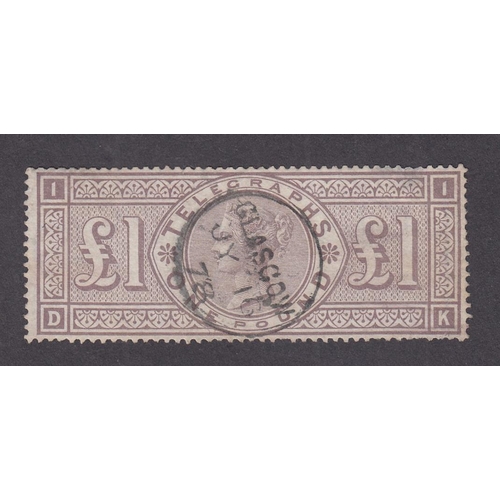 541 - Telegraph 1876 £1 brown-lilac used with ‘Glasgow’ cds, a few short perfs and thin spots but a presen... 