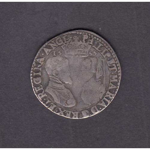 2 - UK 1555 Philip & Mary silver Shilling, condition worn but date and some of the design still legible.