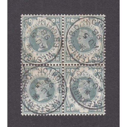 536 - 1887 1/- dull green in used block of 4, each with neat ‘Western Rd Brighton AU 5 98’ cds, some very ... 