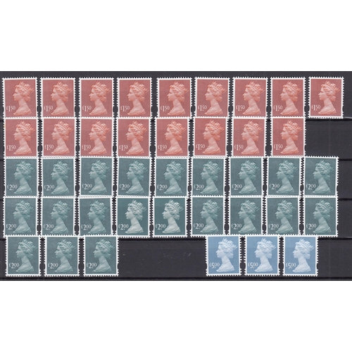 575 - A group of mint u/m QEII high value Machin elliptical stamps from £1 to £5, face £985+