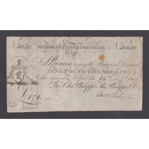 8 - UK 1809 Milford & Pembrokeshire £1 & 1/-  Provincial Banknote, in good condition