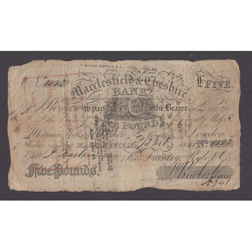 42 - UK 1840 Macclesfield & Cheshire Bank £5 Provincial Banknote with boxed bank stamp, in good condition