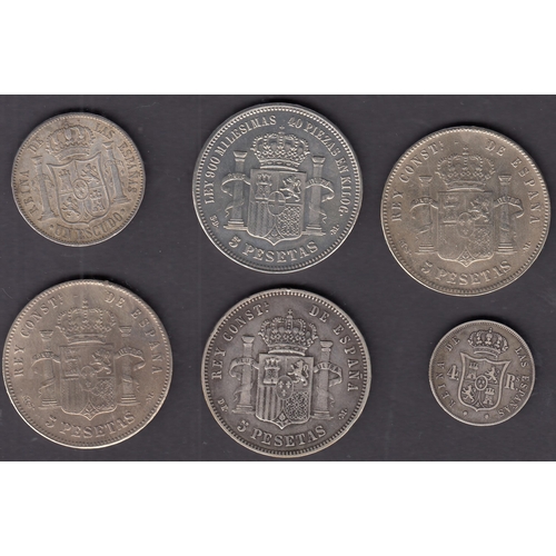 43 - A group of 6x 19th century Spanish coins, including 4 silver 5 Peseta coins from 1871/77/84/92, in g... 