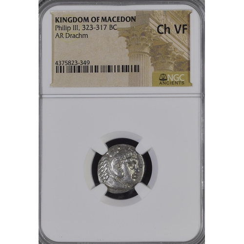 181 - Kingdom of Macedonia Philip III 323-317, silver Drachm coin, slabbed and graded by NGC Ch VF.