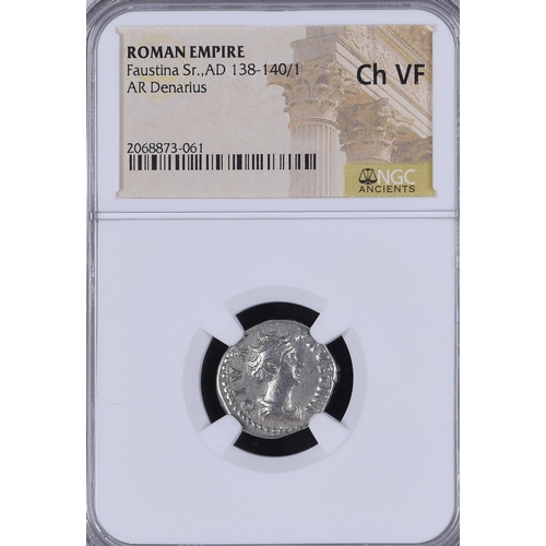 193 - Roman Empire, Faustina 138-140/1 A.D. silver Denarius coin, slabbed and graded by NGC Ch VF.