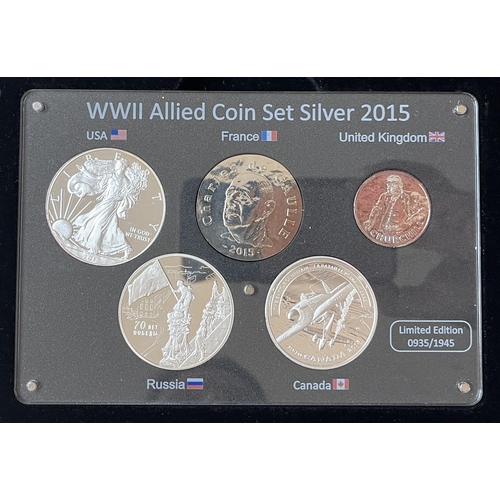 413 - WWII Allied Nations Coin set, comprising x5 silver coins of 2015, includes USA silver proof $1, Cana... 