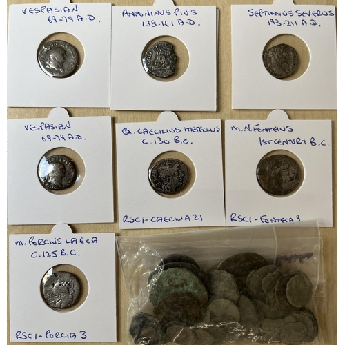 190 - Roman – A group of x7 1st-3rd Century silver Denarius (identified), plus a bag of bronze coins, mixe... 