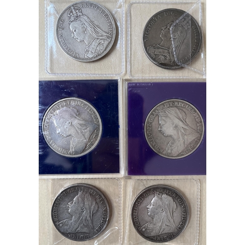 102 - A group of x6 UK QV silver Crowns, includes 1889/ 1890/ 1894/ 1898/ 1899x2, mixed condition