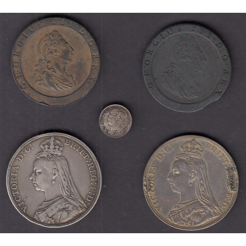 56 - A group of x12 UK 19th & 20th Century coins in poor to good condition, including x2 Cartwheel 1d’s, ... 