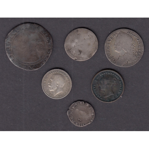 100 - A group of x6 UK coins, including 1581 6d, Charles I Penny, KGII 6d and 1843 ½ Farthing, in poor to ... 