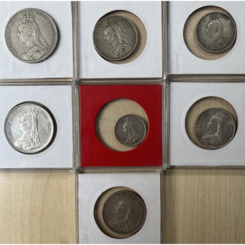 104 - A group of x7 UK late QV silver coins, includes 1888 silver 5/- Crown, 1887 silver 4/-, 1888 & 1890 ... 