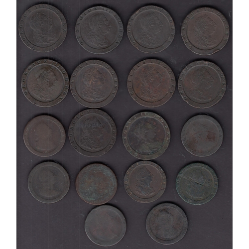 48 - A group of UK 1797 Cartwheel Penny and Two Pence coins, includes x8 1d & x10 2d coins, in poor to go... 