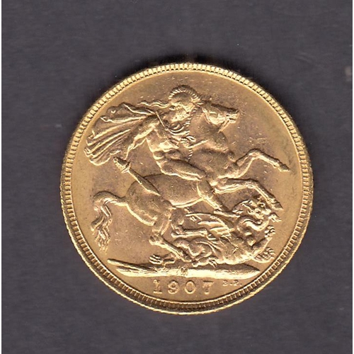 268 - UK 1907 gold full Sovereign, Melbourne Mint Mark, in good condition