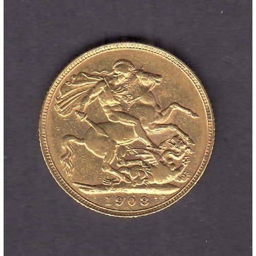 271 - UK 1908 gold full Sovereign, in good condition with CoA