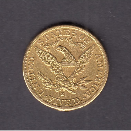 405 - USA 1887 gold $5 coin, San Francisco Mint, in good condition with CoA