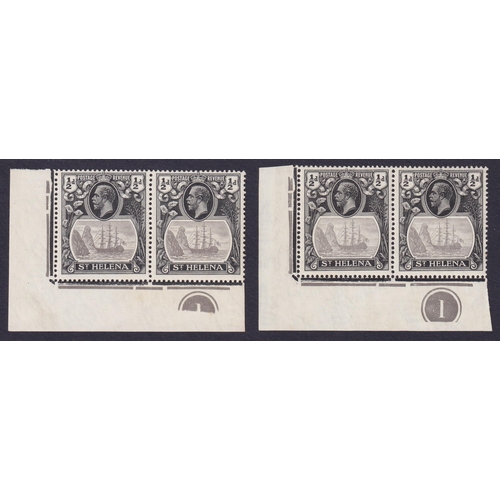 1148 - 1922 ½d grey and black in two mint lower left corner marginal plate pairs, each showing the ‘Cleft r... 