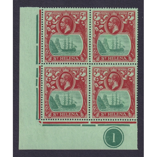 1156 - 1922 5d green and deep carmine in lower left corner marginal Plate 1 block of 4 mint (3 u/m, incl va... 