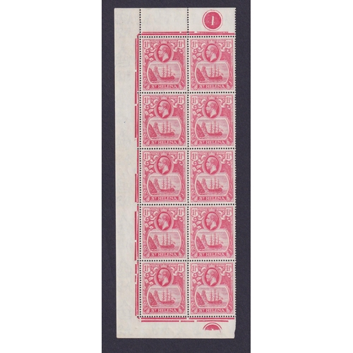 1142 - 1922 1½d rose-red in marginal Plate 1 block of 10 (left side of sheet with plate number top and bott... 