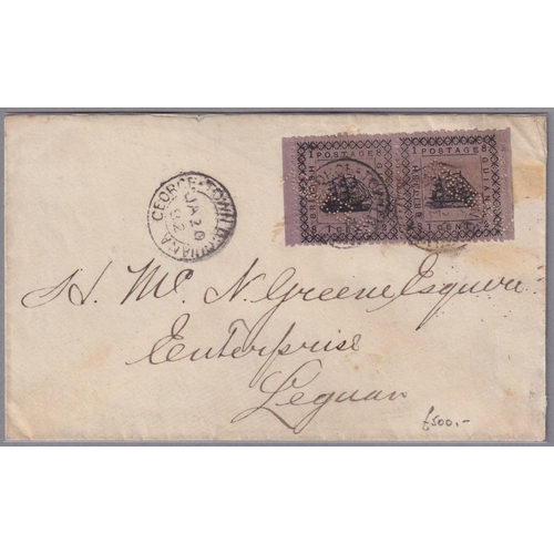 586 - 1862 Typeset Ship 1c magenta in pair on cover to Leguan tied ‘Georgetown’ cancels, arrival backstamp... 