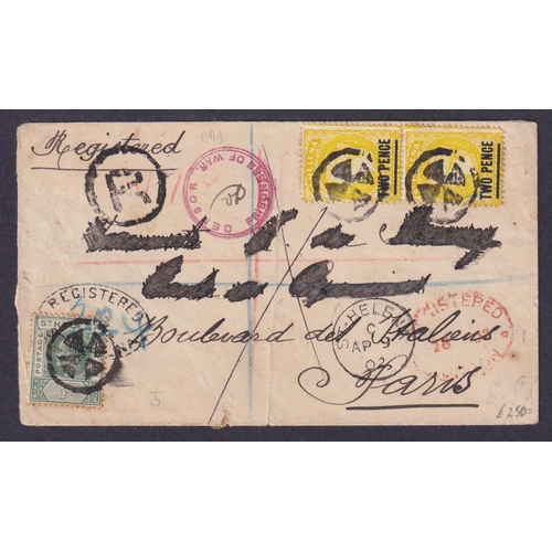 1144 - Boer War St. Helena 2x 2d yellow with EDVII ½d on Registered cover to Paris tied cork cancels, with ... 