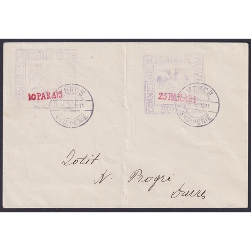 536 - 1914 10p and 25pa surcharges on cover bearing 2 boxed ‘Commission Provisoire Korce’ Eagle h/stamps i... 