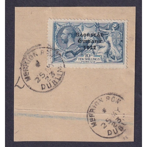 999 - 1922 Thom 10/- dull grey blue on piece tied ‘Merrion Row Dublin 25 MY 23’ cds, Cat £375, SG66