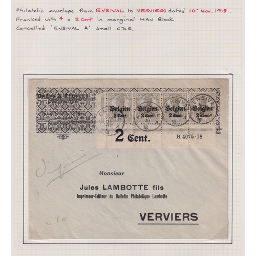 736 - WW1 Occupations of Belgium collection of covers and cards written up on pages, a fine range, includi... 