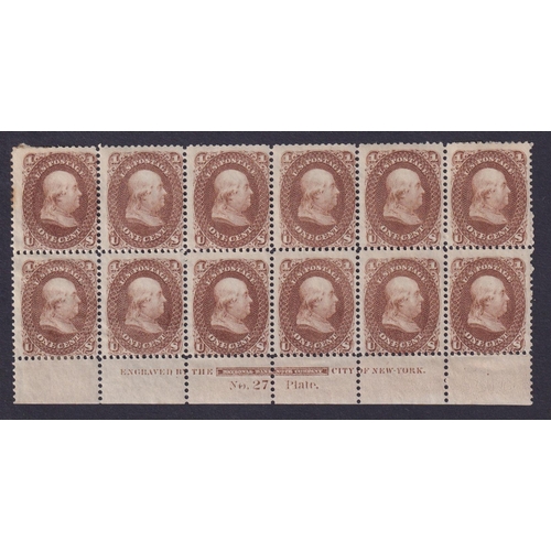 1183 - 1861 1c Franklin perforated colour trial in brown on gummed paper, marginal block of x12 (6x2), show... 