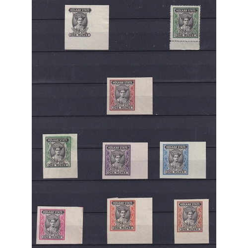 984 - Holkar State -A group of x8 Revenue Receipt Stamp, printers colour proof trials, includes a selectio... 