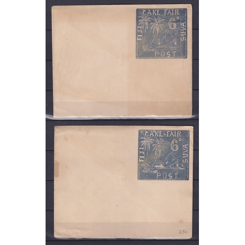 637 - A pair of unused 1893 Cake Fair Post envelopes, each printed with slate-blue 6d depicting men in can... 