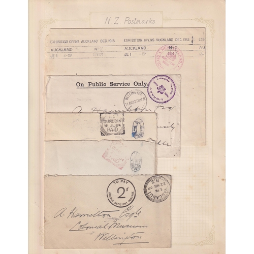 1091 - A collection of New Zealand postmarks and markings on stamps and covers from the 19th and early 20th... 