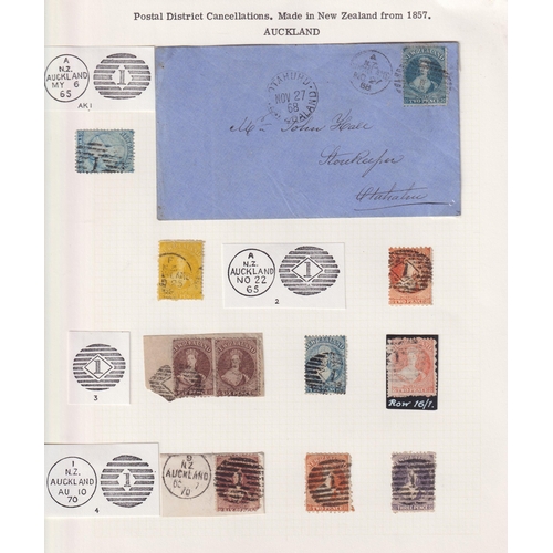 1091 - A collection of New Zealand postmarks and markings on stamps and covers from the 19th and early 20th... 