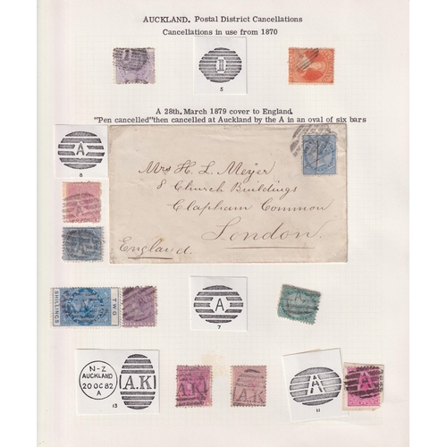 1091 - A collection of New Zealand postmarks and markings on stamps and covers from the 19th and early 20th... 