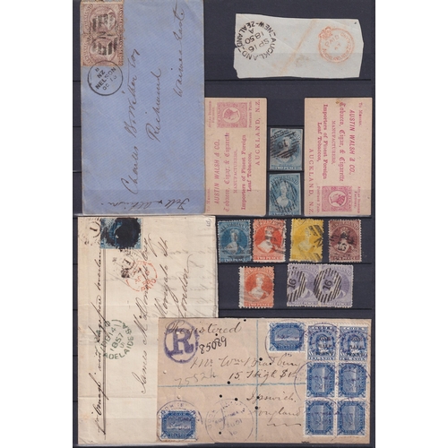 1091 - A collection of New Zealand postmarks and markings on stamps and covers from the 19th and early 20th... 
