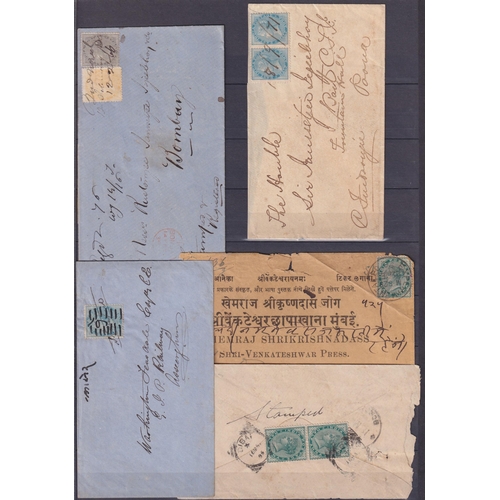 968 - A small collection of Indian QV stamps and covers on x2 album pages, including stamps used aboard in... 